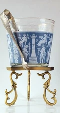 JEANNETTE Corinthian Blue, Glass Ice Bucket w/ Hammered Ice Tongs, Greek Figures