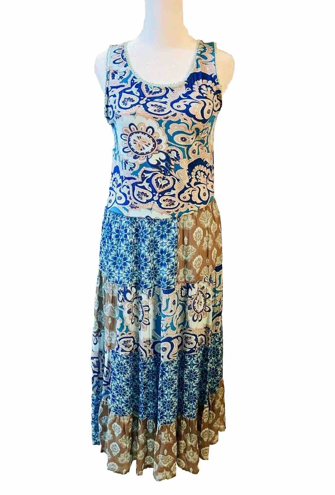 Soft Surrounding Dress Patch Work Layering Bohemian peasant Blue Casual Woven XS
