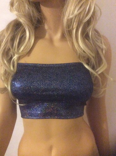 Boob Tube Top Shiny Wetlook Blau Holo Trägerlos Bandeau Club Party Damen A52 - Bild 8 von 12
