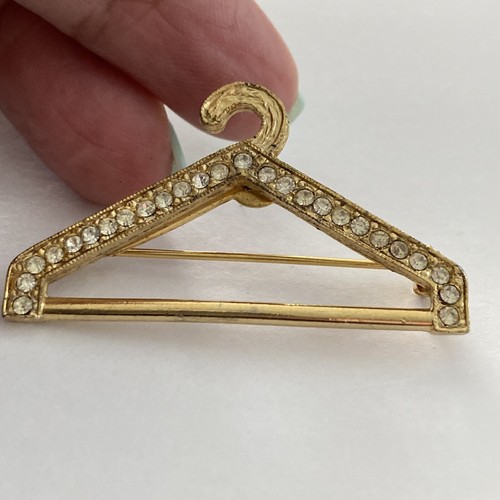 Vintage Goldtone Rhinestone Clothes Hanger Brooch Pin - Picture 2 of 3