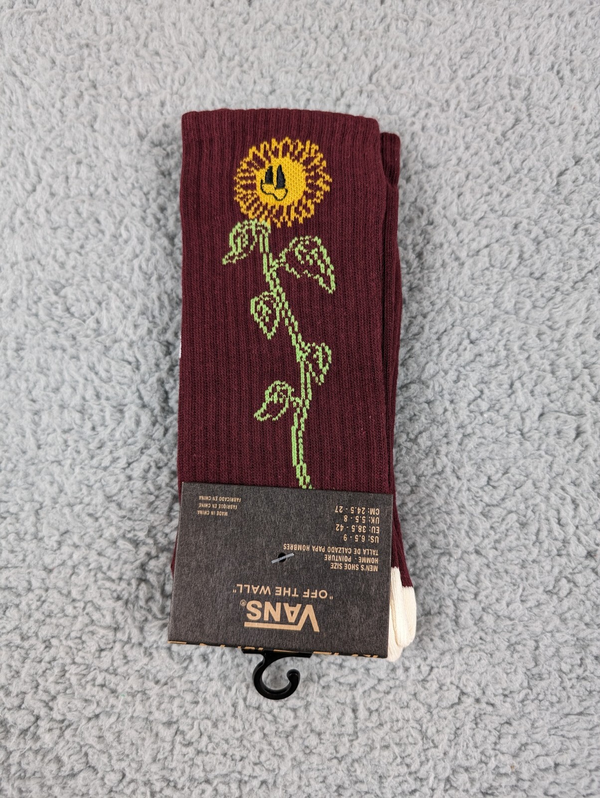 Vans Crew Socks Mens Womens 6.5-11 Burgundy Red Sunflower Plants Floral Skater-image