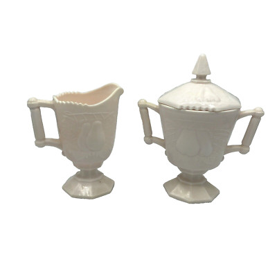 Jeannette Pink Milk Glass Baltimore Pear Creamer & Sugar Set with Lid Vintage