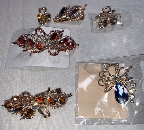 Lote conjunto accesorios cabello clips broche piedras cristales boda oro flor rosa - Imagen 2 de 12