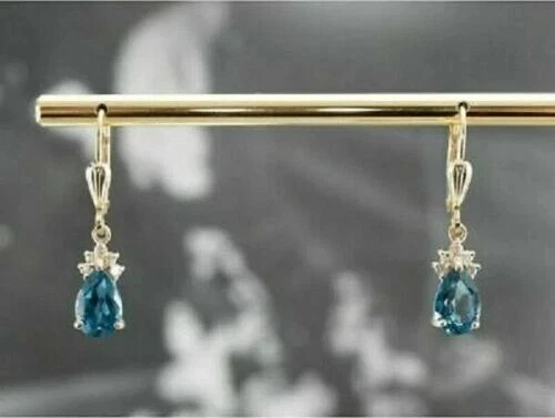 Simulated 4Ct Pear Cut London Blue Topaz Dangle Earring 14K Yellow Gold Plated - Image 3 of 4