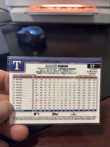 2025 TOPPS CHROME MARCUS SEMIEN REFRACTOR #27 RANGERS - Picture 2 of 2