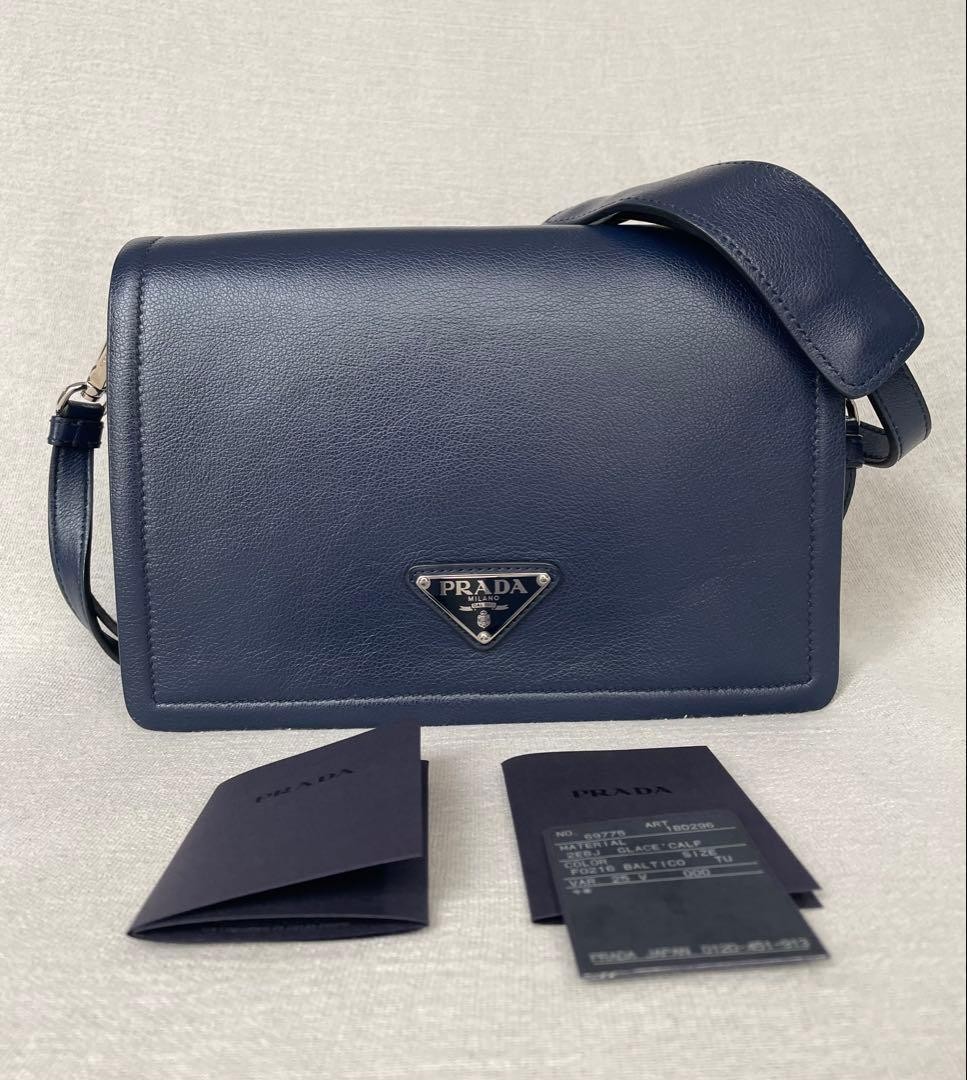 [Good Condition] Prada Shoulder Bag Leather Silver Logo 1BD296 Navy