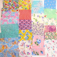 32 Vintage Feed Sack Fabric Pieces -No Duplicates 18 @ 4"x4"-9 @ 6"x6"-5 @ 4"x5"