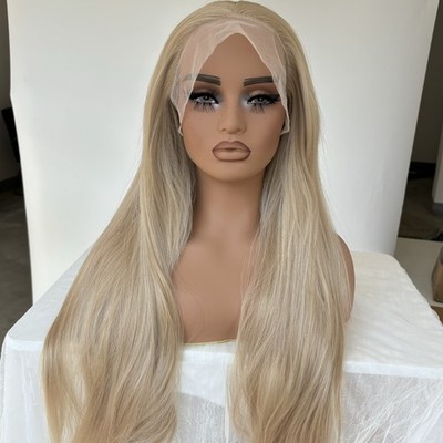 Long Straight Lace Frontal Wigs Mixed Blonde Heat Resistant Synthetic Hair