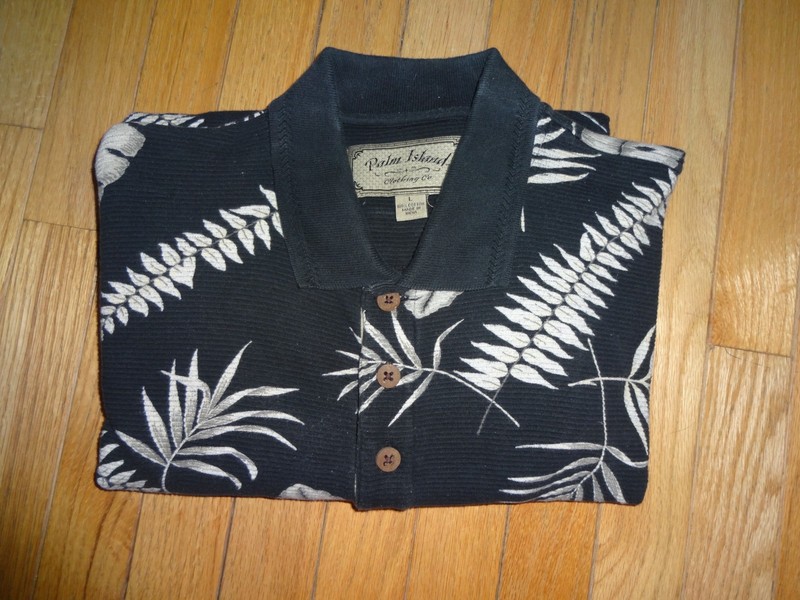 Palm Island Clothing Hawaiian Polo Shirt Mens Large Black Tropical Floral Ribbed