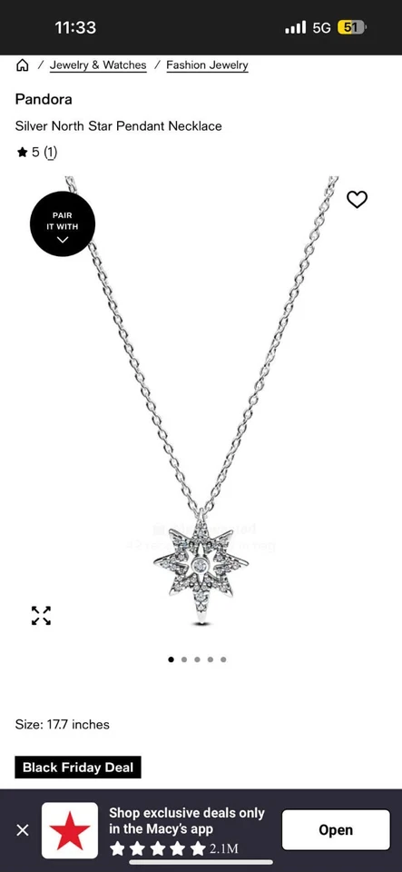 Pandora Plata Estrella del Norte Colgante Collar Plata de Ley 925 Foto 4 de 4