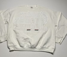 Vintage Sweatshirt Cottagecore Doily House Flowers Size XL White