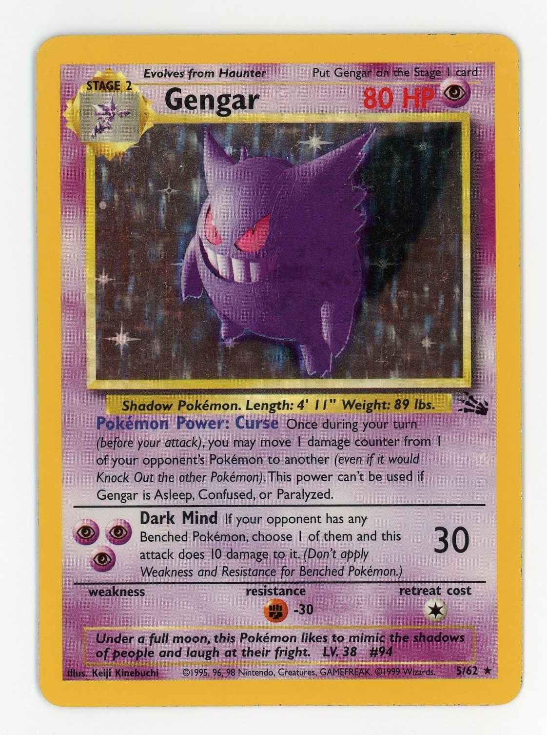 Gengar Holo - Pokemon 1999 Fossil #5 EX-MT+ / NM