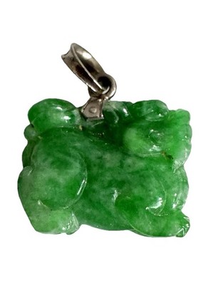 14k Weißgold grüner Jadeit Pixiu Anhänger Charm - 3,28g