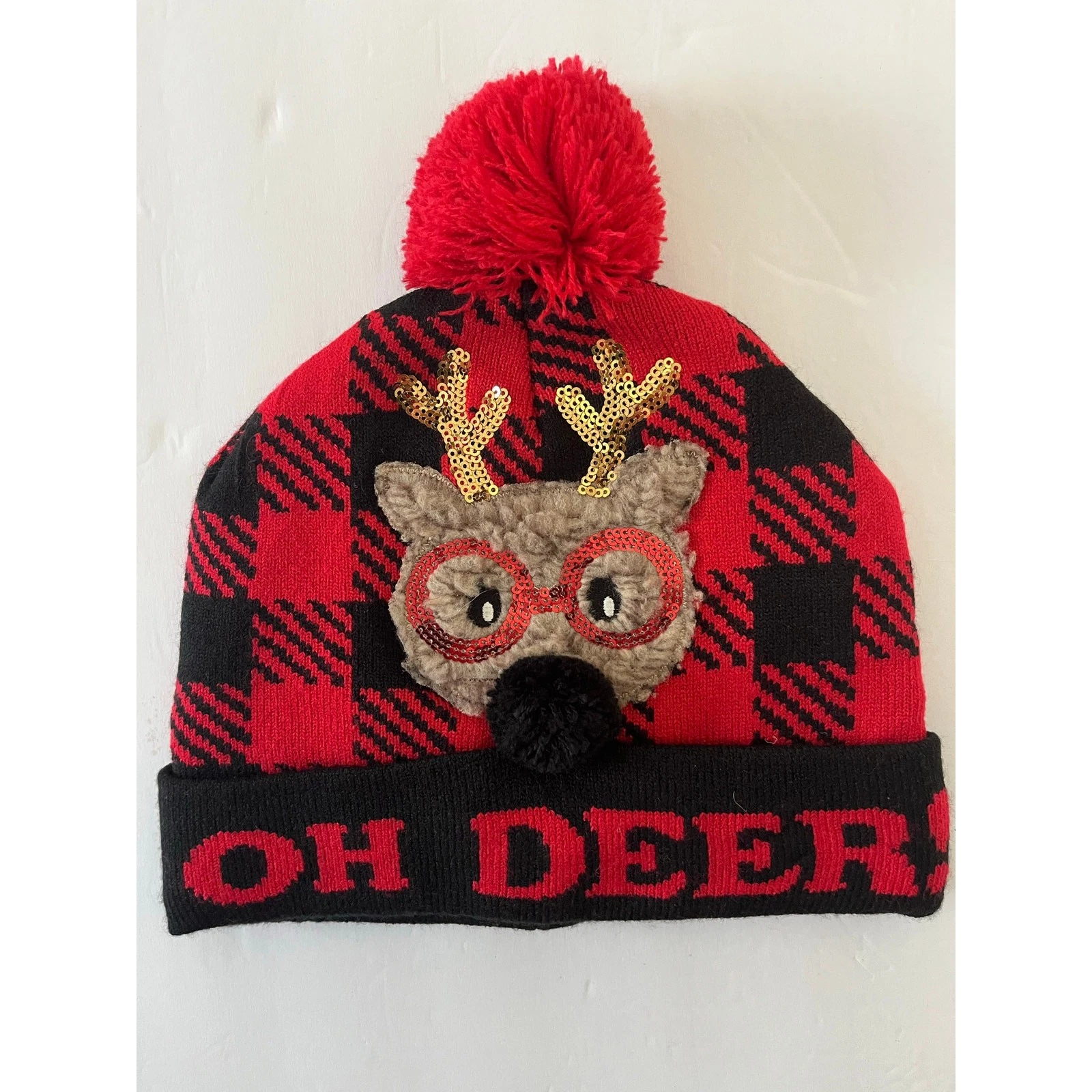"Oh Deer" holiday beanie hat Red and Black Plaid pattern Applique Reindeer Face
