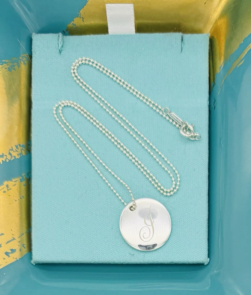 Tiffany & Co. Silver Alphabet Large Disc letter Initial "J" pendant 18" Necklace - Image 3 of 4