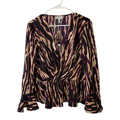 Sofia Jeans by Sofia Vergara Drape Knot Top Tiger Print Peplum Blouse Large NWT