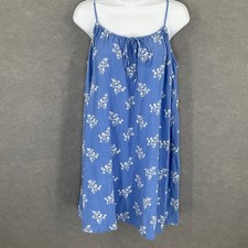 H&M Mini Dress Womens Sz M Linen Blue Floral Print Tie Strap Sundress Boho