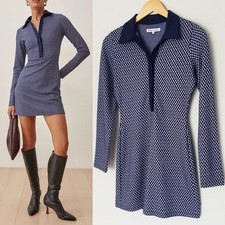 Reformation Kurtis Dress Size XS Navy Gray Geometric Sweater Knit Retro Collar