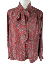 Vtge Alfred Dunner Red Paisley Secretary Blouse Pussy-Bow Tie-Neck LS Size 16