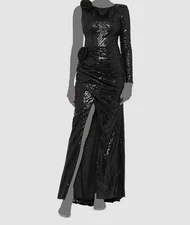 Aqua Women's Black One Sleeve Flower Sequined Long Evening Gown Dress Size 6