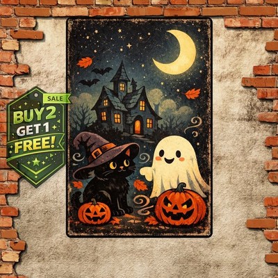 Spooky Pumpkin Ghost Halloween Vintage Metal Tin Sign 8x12 Decor