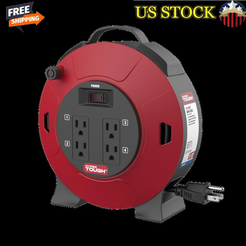 25ft Retractable Power Cord Reel 4 Outlets Circuit Breaker Easy Storage Black US