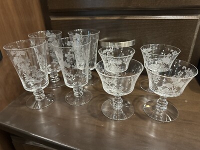 Set Of 8 Fostoria Willow Etch  # 335 ( Tree & Pagoda )  Crystal 1939-1944
