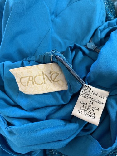 Vtg Cache Size M Silk Teal Beaded Formal Maxi Dress Hook High Neck Open Back Zip - Picture 12 of 12