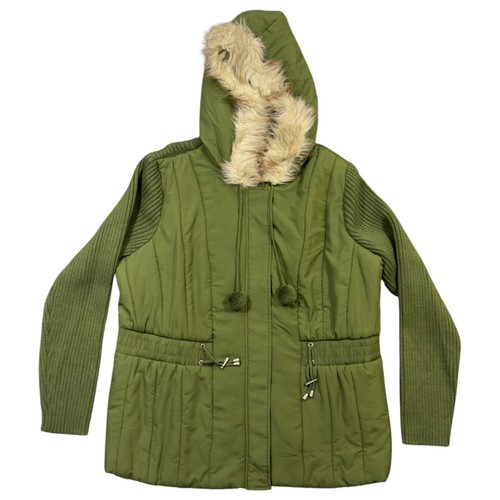 Vtg Venezia Sweater Jacket Womens 22/24 Green Mixed Media Shearling Hood Zipper - Picture 1 of 10