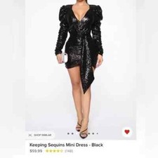NWT FASHION NOVA BLACK SEQUINS LONG SLEEVE MINI DRESS XS