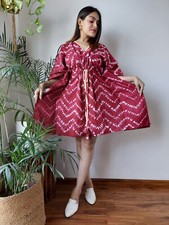 Hrang Vintage Indian Block Printed Cotton Kaftan Dress Hippy Boho Short Caftan