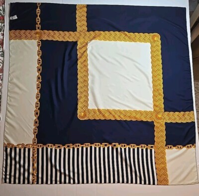 Symphony Scarf Made in Italy Stripes & Chain, Navy, Gold, Ivory Sz 34.5'' Square
