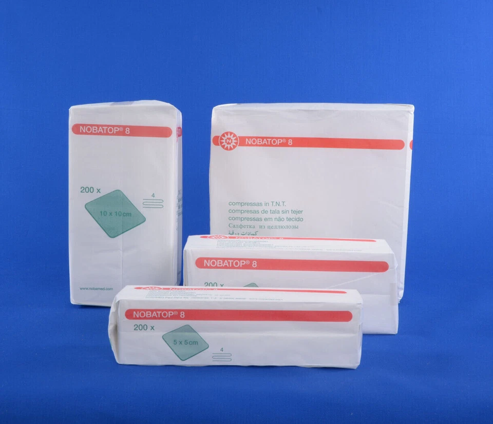 200 Vlieskompressen Nobatop 8 4-fach, Größen: 5x5/7,5x7,5/10x10/10x20cm unsteril