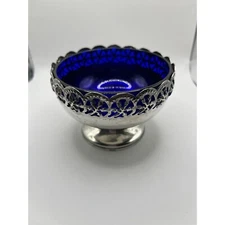 Celtic Quality Plate Cobalt Blue Bowl Silver Plate Pedestal Candy Trinket Dish