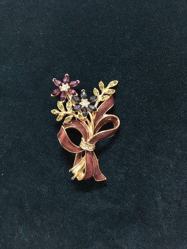 MONET PIN BROOCH FLORAL RHINESTONE ENAMEL - Picture 8 of 8