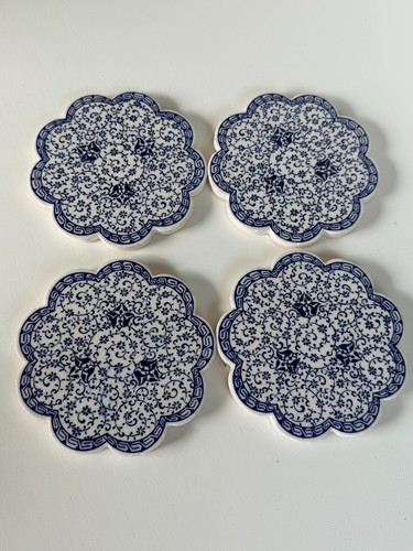 Set of 4 Blue & White Floral Ceramic Flower-Shaped Coasters Made in Turkey