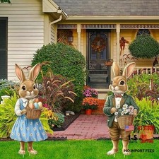 2 Pack Large Easter Bunny Yard Decorations Outdoor, Vintage Bunnies Blue Green