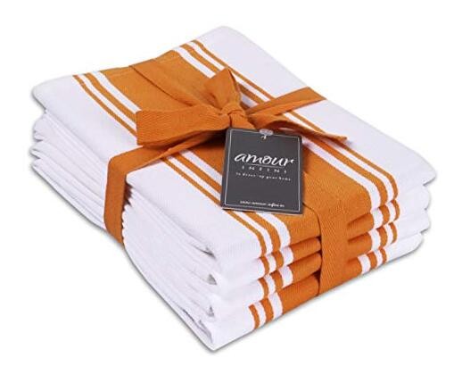 Cotton Kitchen Towels - Set of 4 Highly Absorbent, Orange 4 Stripe Towels