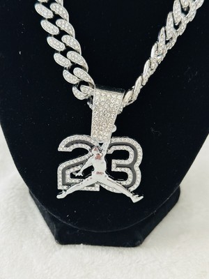 Number 23 Pendant & 24'' Silver Iced Cuban Cubic Zirconia Chain Necklace, US SHIP