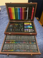 Art 101 Art Essentials Set 137-Piece Used Wood Box Pastels Crayons Some Missing
