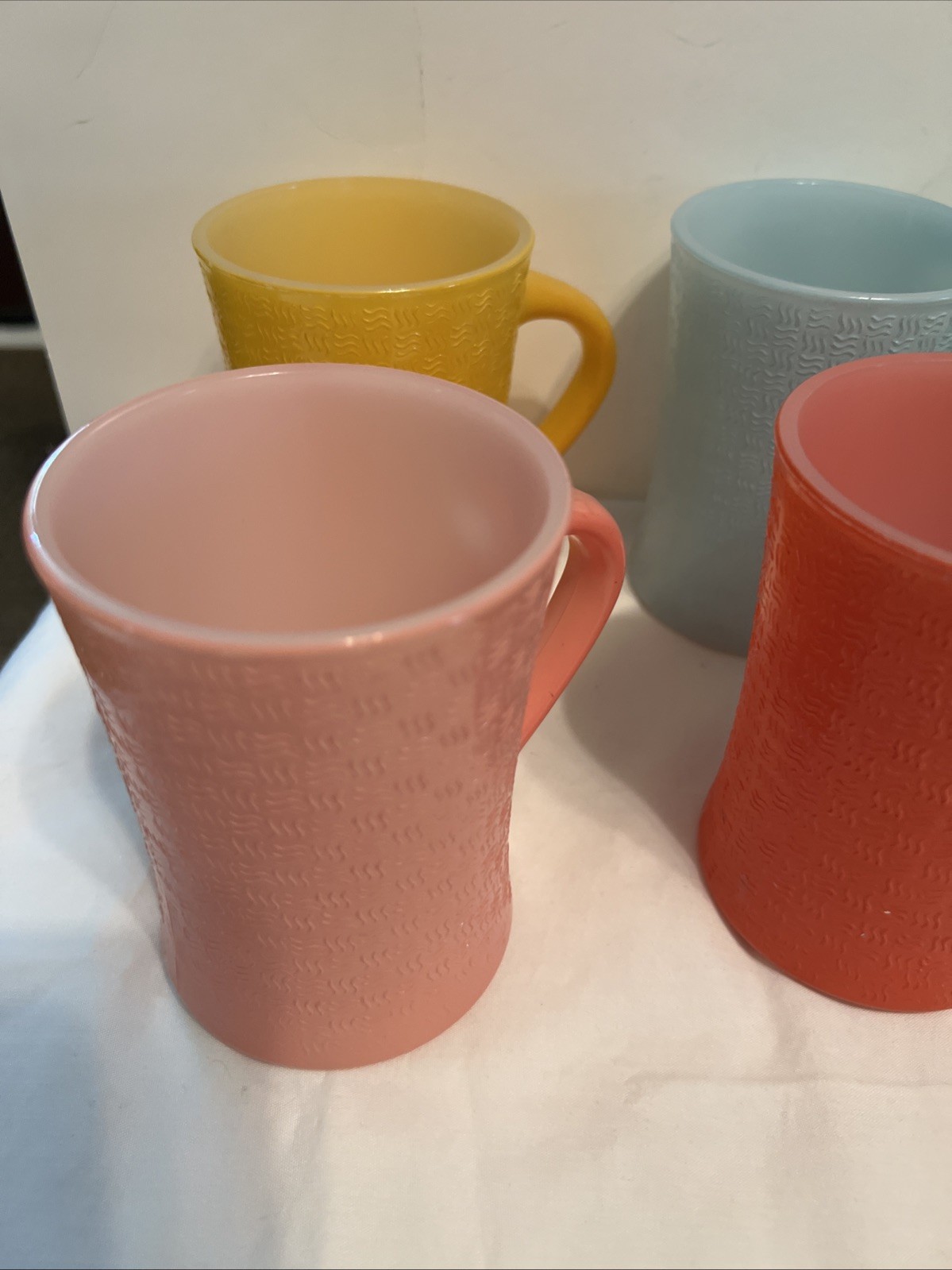 Lot Of 7 Vintage Glasbake J-2277 Milk  Glass Mugs. Basketweave Pattern 1961-1983