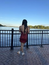 Lilian sequin strapless lace-up mini dress in red from windsor size small