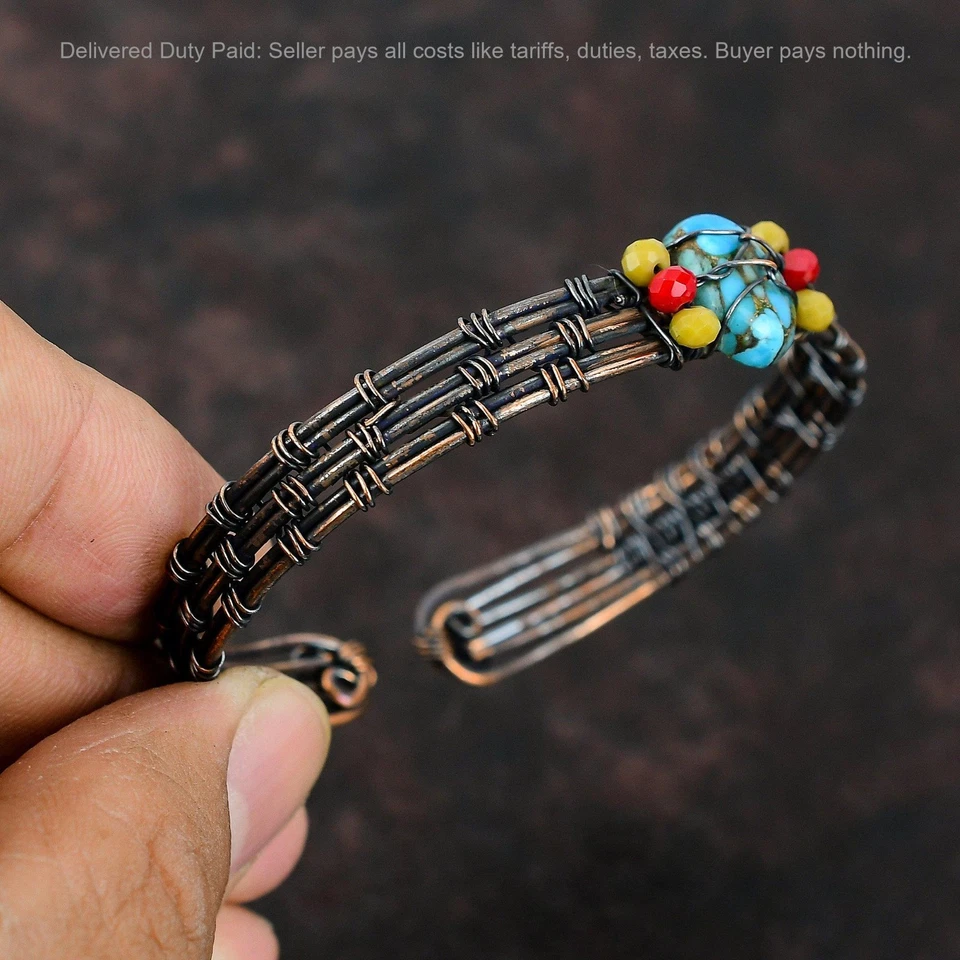 Brazalete Brazalete Cobre Azul Turquesa Piedra Amarillo Y Rojo Coral Cuentas Cobre Foto 4 de 4