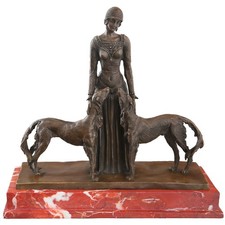 ART DECO BRONZE FIGUR Forever FRIENDS, elegante DAME mit zwei BARSOIS WINDHUNDEN
