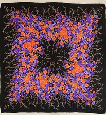 VINTAGE INCREDIBLE 100 HEAVY SHANGHAI SILK Black  Purple Floral Scarf 39 x 41
