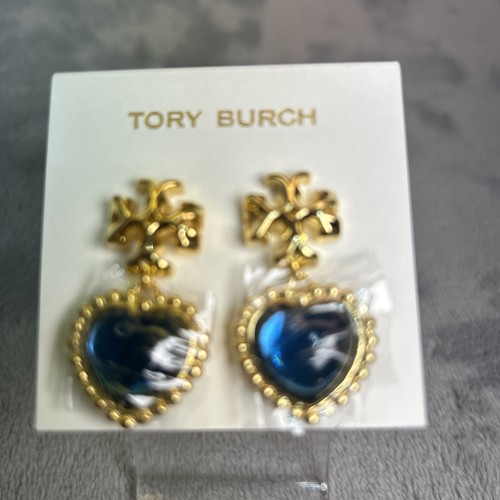 Tory Burch Roxanne Earrings Gold Logo & Sapphire Blue Hearts - Factory Packaging - Picture 2 of 5