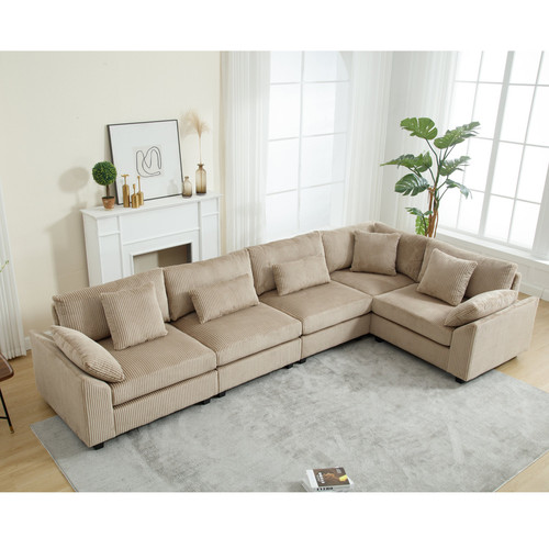 Oversized Modular Sectional Sofa, Brown Corduroy, 5-Seater for Living Room Beige - Picture 4 of 20
