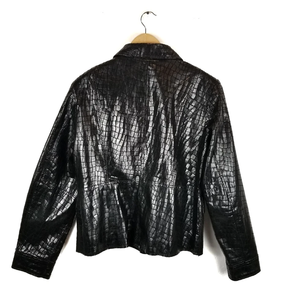 Chaqueta para mujer Neiman Marcus de cuero negra en relieve talla L grande Foto 2 de 4