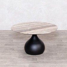 ROUND COFFEE TABLE TRAVERTINE TOP CONTEMPORARY STYLISH TABLE WITH BLACK BASE