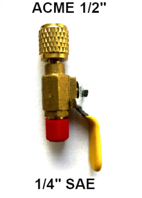 Ventil für Kältemittel Flasche R32 / R290 / R1234yf  1/2'' ACME links auf 1/4''